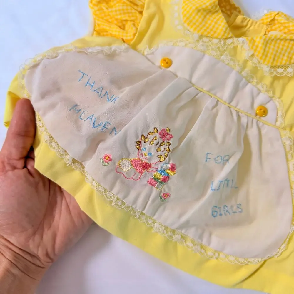 Vintage 70s Cradle Togs Thank Heaven For Little Girls Yellow Pinafore Dress 0-6m